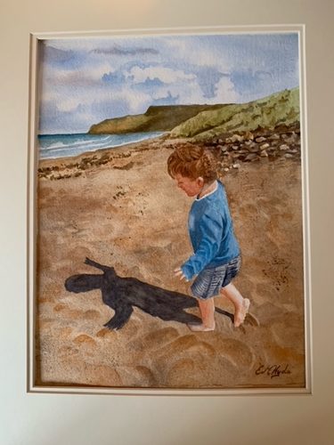 Elaine H, Aeroplanes on the sand, watercolour.